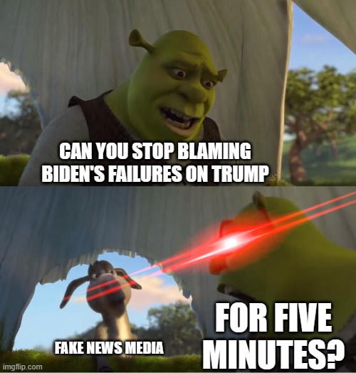 Shrek For Five Minutes | CAN YOU STOP BLAMING BIDEN'S FAILURES ON TRUMP; FOR FIVE MINUTES? FAKE NEWS MEDIA | image tagged in shrek for five minutes | made w/ Imgflip meme maker