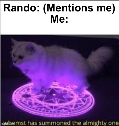 Whomst has Summoned the almighty one | Rando: (Mentions me)
Me: | image tagged in whomst has summoned the almighty one,random,sandwich,forever alone | made w/ Imgflip meme maker