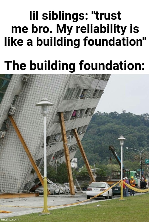 True | lil siblings: "trust me bro. My reliability is like a building foundation"; The building foundation: | image tagged in falling building held up with sticks | made w/ Imgflip meme maker