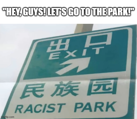"HEY, GUYS! LET'S GO TO THE PARK!" | image tagged in park,racist,translation fail | made w/ Imgflip meme maker