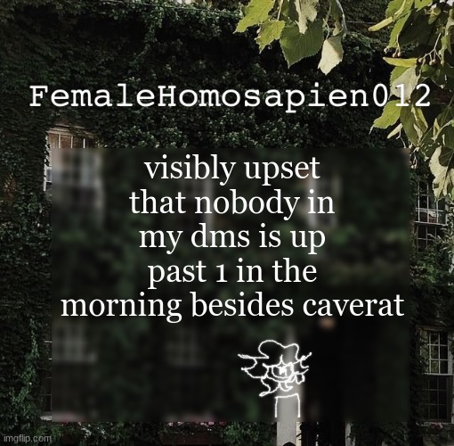 FemaleHomosapien012 | visibly upset that nobody in my dms is up past 1 in the morning besides caverat | image tagged in femalehomosapien012 | made w/ Imgflip meme maker