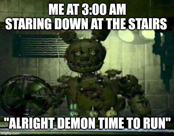 FNAF Springtrap in window | ME AT 3:00 AM STARING DOWN AT THE STAIRS; "ALRIGHT DEMON TIME TO RUN" | image tagged in fnaf springtrap in window | made w/ Imgflip meme maker