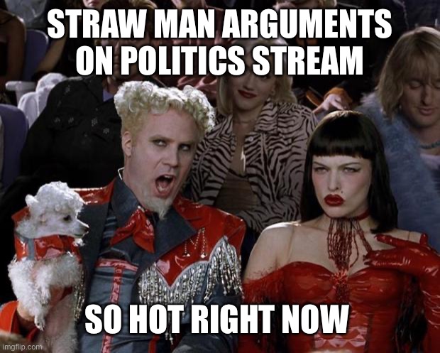 Mugatu So Hot Right Now Meme | STRAW MAN ARGUMENTS ON POLITICS STREAM SO HOT RIGHT NOW | image tagged in memes,mugatu so hot right now | made w/ Imgflip meme maker