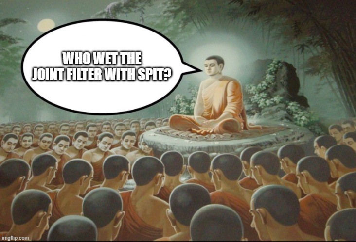 wet joint | WHO WET THE JOINT FILTER WITH SPIT? | image tagged in buddha teaching followers | made w/ Imgflip meme maker