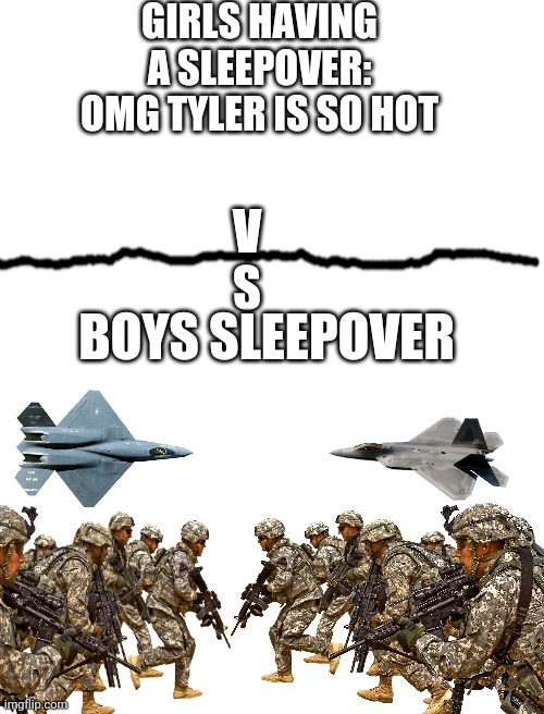 GIRLS HAVING A SLEEPOVER: OMG TYLER IS SO HOT; V
S; BOYS SLEEPOVER | made w/ Imgflip meme maker