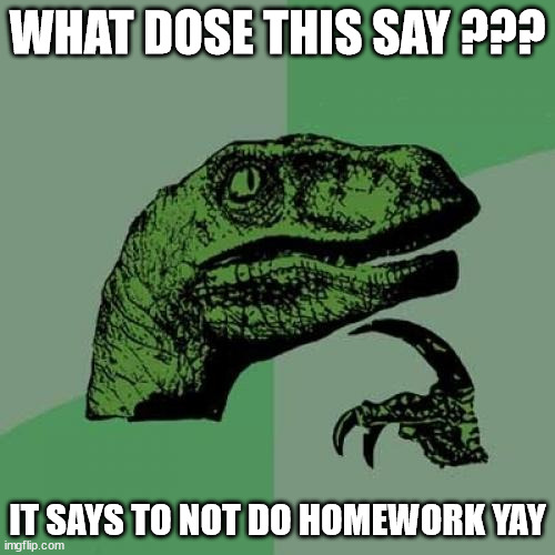 Philosoraptor | WHAT DOSE THIS SAY ??? IT SAYS TO NOT DO HOMEWORK YAY | image tagged in memes,philosoraptor | made w/ Imgflip meme maker
