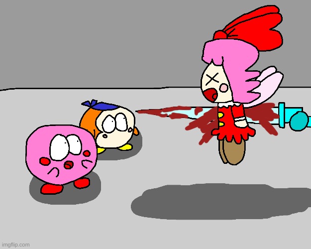 Ribbon dies from a glass sword | image tagged in kirby,gore,blood,funny,cute,parody | made w/ Imgflip meme maker