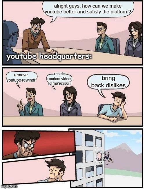 why | alright guys, how can we make youtube better and satisfy the platform? youtube headquarters:; restrict random videos for no reason! remove youtube rewind! bring back dislikes | image tagged in memes,boardroom meeting suggestion | made w/ Imgflip meme maker