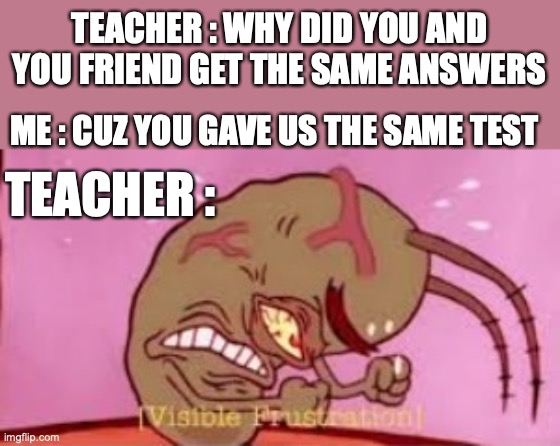 *based on true events* | TEACHER : WHY DID YOU AND YOU FRIEND GET THE SAME ANSWERS; ME : CUZ YOU GAVE US THE SAME TEST; TEACHER : | image tagged in visible frustration,test,school,funny,relatable | made w/ Imgflip meme maker