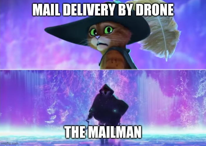 Mailman has always been superior to drone! | MAIL DELIVERY BY DRONE; THE MAILMAN | image tagged in puss and death | made w/ Imgflip meme maker