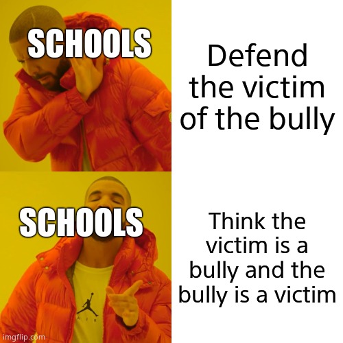 Why school im glad they dont do this in my school | SCHOOLS; Defend the victim of the bully; Think the victim is a bully and the bully is a victim; SCHOOLS | image tagged in memes,drake hotline bling | made w/ Imgflip meme maker