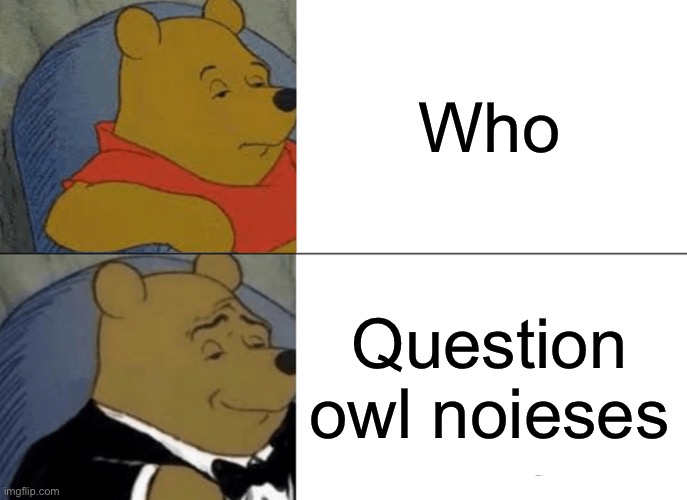 Tuxedo Winnie The Pooh | Who; Question owl noises | image tagged in memes,tuxedo winnie the pooh | made w/ Imgflip meme maker