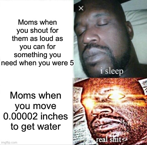 Sleeping Shaq | Moms when you shout for them as loud as you can for something you need when you were 5; Moms when you move 0.00002 inches to get water | image tagged in memes,sleeping shaq | made w/ Imgflip meme maker