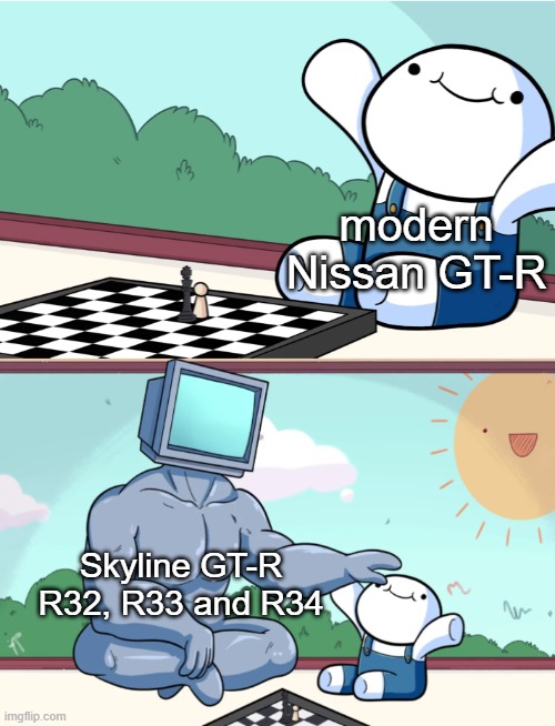 odd1sout vs computer chess | modern Nissan GT-R; Skyline GT-R R32, R33 and R34 | image tagged in odd1sout vs computer chess | made w/ Imgflip meme maker
