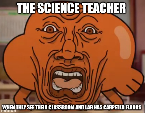 Carpeted floors in a science classroom | THE SCIENCE TEACHER; WHEN THEY SEE THEIR CLASSROOM AND LAB HAS CARPETED FLOORS | image tagged in the amazing world of gumball darwin horror face | made w/ Imgflip meme maker