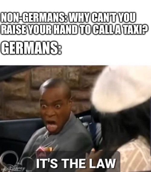 It's The Law | NON-GERMANS: WHY CAN’T YOU RAISE YOUR HAND TO CALL A TAXI? GERMANS: | image tagged in it's the law | made w/ Imgflip meme maker