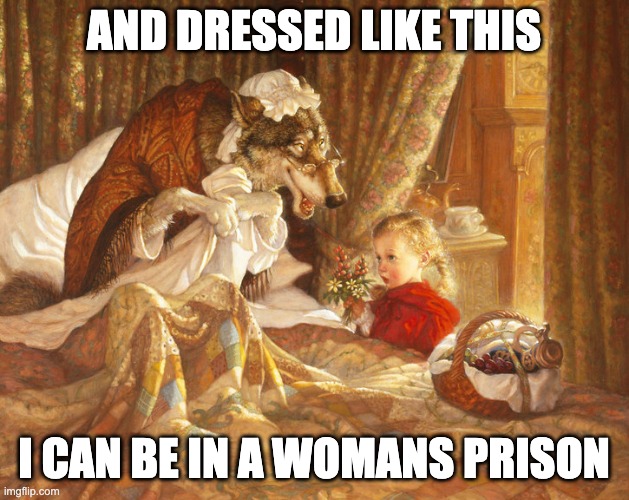 Big Bad Wolf and Little Red Riding Hood | AND DRESSED LIKE THIS; I CAN BE IN A WOMANS PRISON | image tagged in big bad wolf and little red riding hood | made w/ Imgflip meme maker