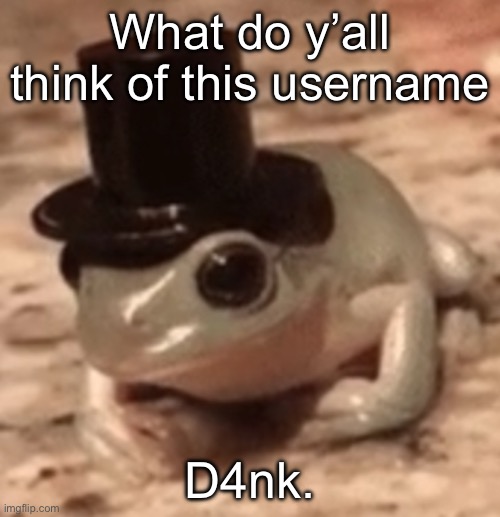 dapper frog | What do y’all think of this username; D4nk. | image tagged in dapper frog | made w/ Imgflip meme maker