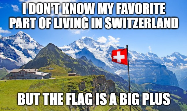 Switzerland | I DON'T KNOW MY FAVORITE PART OF LIVING IN SWITZERLAND; BUT THE FLAG IS A BIG PLUS | image tagged in switzerland | made w/ Imgflip meme maker