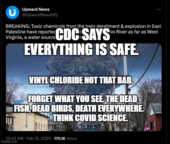 Ohio Train Derailment Contaminated Ohio River to West Virginia | CDC SAYS EVERYTHING IS SAFE. VINYL CHLORIDE NOT THAT BAD.                                  FORGET WHAT YOU SEE. THE DEAD FISH, DEAD BIRDS, DEATH EVERYWHERE.   
             THINK COVID SCIENCE. | image tagged in ohio train derailment contaminated ohio river to west virginia | made w/ Imgflip meme maker