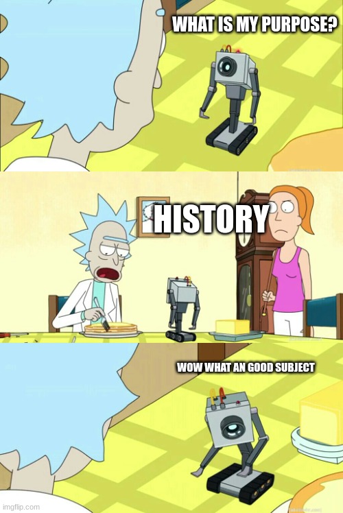 History is my purpose | WHAT IS MY PURPOSE? HISTORY; WOW WHAT AN GOOD SUBJECT | image tagged in what is my purpose | made w/ Imgflip meme maker