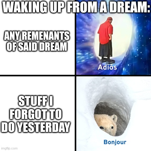 dreams be like | WAKING UP FROM A DREAM:; ANY REMENANTS OF SAID DREAM; STUFF I FORGOT TO DO YESTERDAY | image tagged in adios bonjour | made w/ Imgflip meme maker