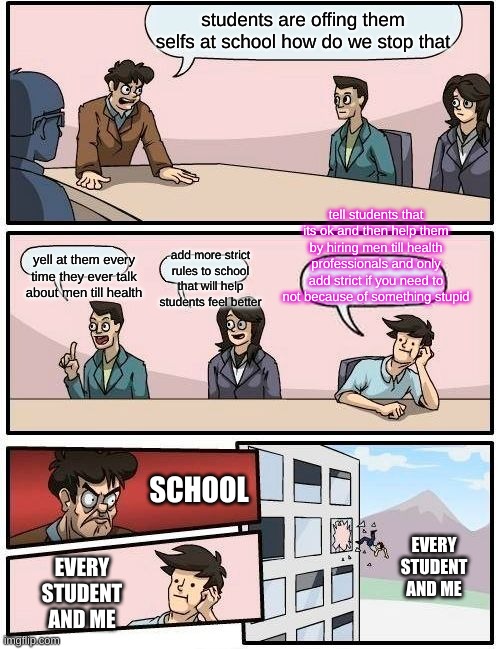 Boardroom Meeting Suggestion | students are offing them selfs at school how do we stop that; tell students that its ok and then help them by hiring men till health professionals and only add strict if you need to not because of something stupid; yell at them every time they ever talk about men till health; add more strict rules to school that will help students feel better; SCHOOL; EVERY STUDENT AND ME; EVERY STUDENT AND ME | image tagged in memes,boardroom meeting suggestion,school sucks,depression,suicide,first world problems | made w/ Imgflip meme maker