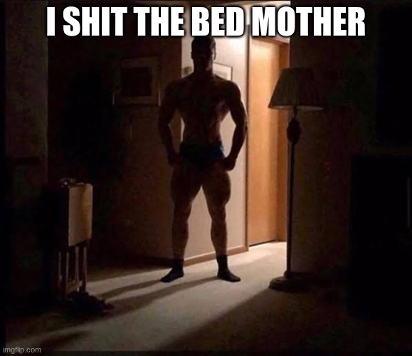 shadowy buff guy in a doorway | I SHIT THE BED MOTHER | image tagged in shadowy buff guy in a doorway | made w/ Imgflip meme maker