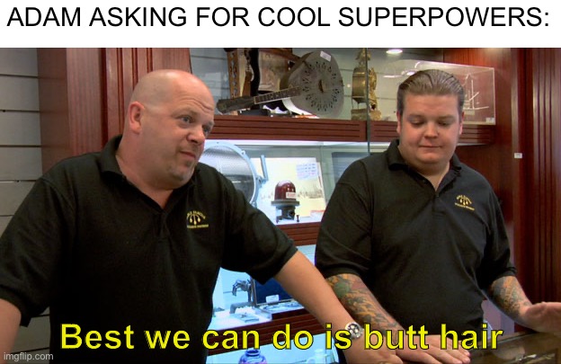 Pawn Stars Best I Can Do | ADAM ASKING FOR COOL SUPERPOWERS:; Best we can do is butt hair | image tagged in pawn stars best i can do | made w/ Imgflip meme maker
