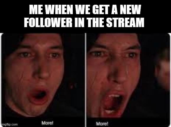 Kylo Ren More | ME WHEN WE GET A NEW FOLLOWER IN THE STREAM | image tagged in kylo ren more | made w/ Imgflip meme maker