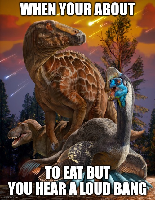 Dino | WHEN YOUR ABOUT; TO EAT BUT YOU HEAR A LOUD BANG | image tagged in dinosaurs | made w/ Imgflip meme maker