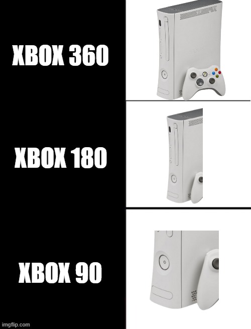 been wanting to make this meme for so long but got lazy |  XBOX 360; XBOX 180; XBOX 90 | image tagged in blank 3 panel | made w/ Imgflip meme maker