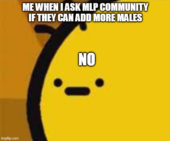 NO. | ME WHEN I ASK MLP COMMUNITY IF THEY CAN ADD MORE MALES; NO | image tagged in b is feeling b | made w/ Imgflip meme maker