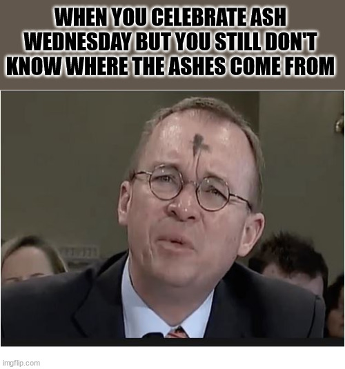 Where do they come from | WHEN YOU CELEBRATE ASH WEDNESDAY BUT YOU STILL DON'T KNOW WHERE THE ASHES COME FROM | image tagged in trump mulvaney ash wednesday,dank,christian,memes,r/dankchristianmemes,ashes | made w/ Imgflip meme maker