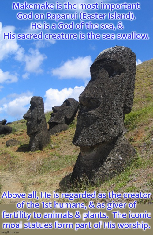 Not a bird, the sea swallow is a beautiful sea slug. | Makemake is the most important God on Rapanui (Easter Island).  He is a God of the sea, & His sacred creature is the sea swallow. Above all, He is regarded as the creator
of the 1st humans, & as giver of
fertility to animals & plants.  The iconic
moai statues form part of His worship. | image tagged in moai,pacific,religion,pagan | made w/ Imgflip meme maker