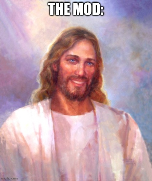 Smiling Jesus Meme | THE MOD: | image tagged in memes,smiling jesus | made w/ Imgflip meme maker