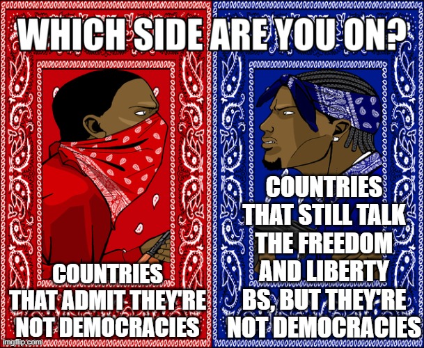 WHICH SIDE ARE YOU ON? | COUNTRIES THAT STILL TALK THE FREEDOM AND LIBERTY BS, BUT THEY'RE NOT DEMOCRACIES; COUNTRIES THAT ADMIT THEY'RE NOT DEMOCRACIES | image tagged in which side are you on | made w/ Imgflip meme maker