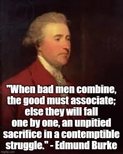 When Bad Men Combine | "When bad men combine, the good must associate; else they will fall one by one, an unpitied sacrifice in a contemptible struggle." - Edmund Burke | image tagged in edmund burke,politics,history,french revolution,philosophy | made w/ Imgflip meme maker