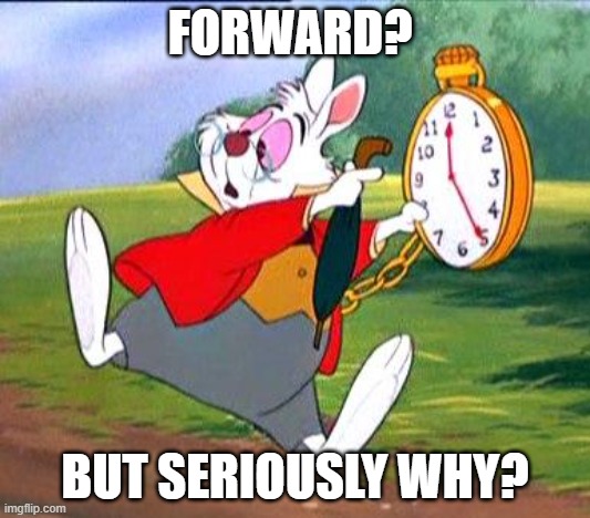 White Rabbit wonders why move his clock forward. | FORWARD? BUT SERIOUSLY WHY? | image tagged in white rabbit i'm late | made w/ Imgflip meme maker