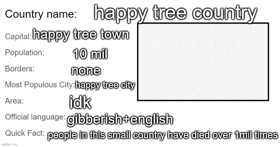 country template | happy tree country; happy tree town; 10 mil; none; happy tree city; idk; gibberish+english; people in this small country have died over 1mil times | image tagged in country template | made w/ Imgflip meme maker
