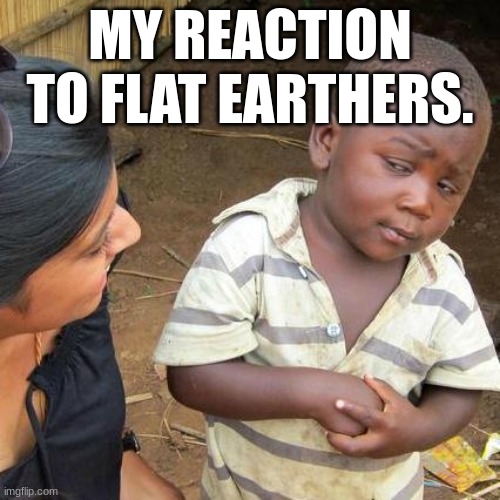 0_0 | MY REACTION TO FLAT EARTHERS. | image tagged in memes,third world skeptical kid | made w/ Imgflip meme maker