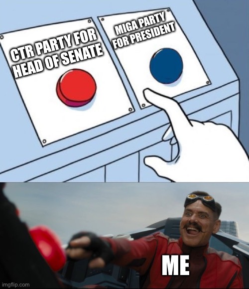 No more changing my mind | MIGA PARTY FOR PRESIDENT; CTR PARTY FOR HEAD OF SENATE; ME | image tagged in robotnik button | made w/ Imgflip meme maker