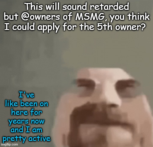 just wonderin' | This will sound retarded but @owners of MSMG, you think I could apply for the 5th owner? I've like been on here for years now and I am pretty active | image tagged in heisenburger | made w/ Imgflip meme maker