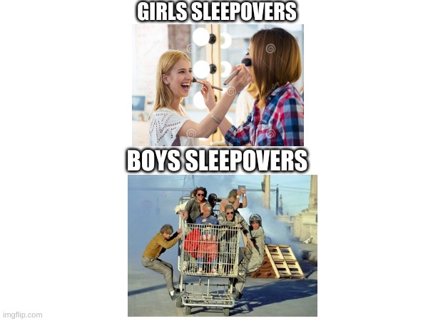 GIRLS SLEEPOVERS; BOYS SLEEPOVERS | image tagged in sleepover,funny | made w/ Imgflip meme maker