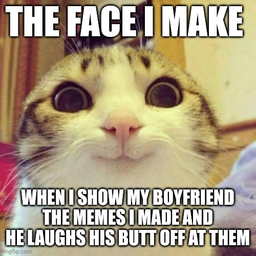 When your boyfriend loves you and your memes | THE FACE I MAKE; WHEN I SHOW MY BOYFRIEND THE MEMES I MADE AND HE LAUGHS HIS BUTT OFF AT THEM | image tagged in memes,smiling cat | made w/ Imgflip meme maker