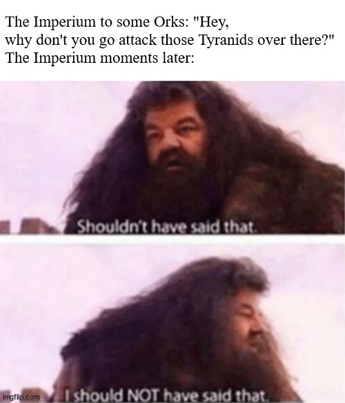 Octarius War | The Imperium to some Orks: "Hey, why don't you go attack those Tyranids over there?"
The Imperium moments later: | image tagged in shouldn't have said that | made w/ Imgflip meme maker