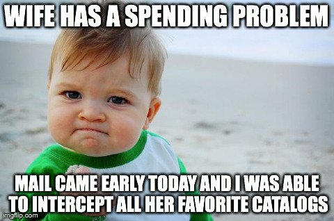 Success Baby | WIFE HAS A SPENDING PROBLEM MAIL CAME EARLY TODAY AND I WAS ABLE TO INTERCEPT ALL HER FAVORITE CATALOGS | image tagged in success baby | made w/ Imgflip meme maker