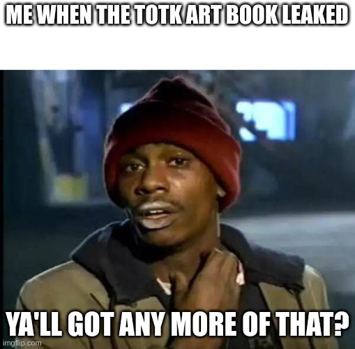 Good thing it doesn't have too many spoilers | ME WHEN THE TOTK ART BOOK LEAKED; YA'LL GOT ANY MORE OF THAT? | image tagged in memes,y'all got any more of that | made w/ Imgflip meme maker