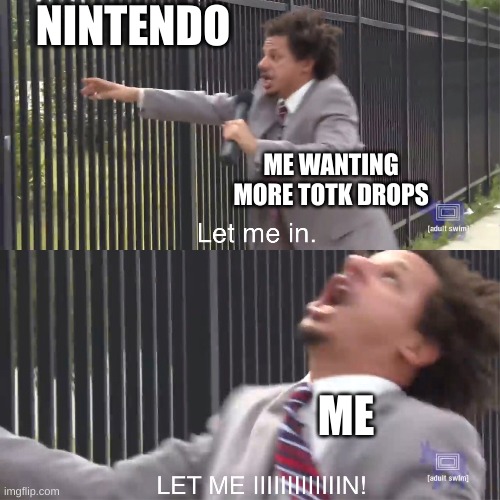 I just need a peek | NINTENDO; ME WANTING MORE TOTK DROPS; ME | image tagged in let me in | made w/ Imgflip meme maker