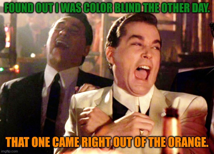 Good Fellas Hilarious Meme | FOUND OUT I WAS COLOR BLIND THE OTHER DAY. THAT ONE CAME RIGHT OUT OF THE ORANGE. | image tagged in memes,good fellas hilarious,funny,dad joke,dad jokes,dad joke meme | made w/ Imgflip meme maker